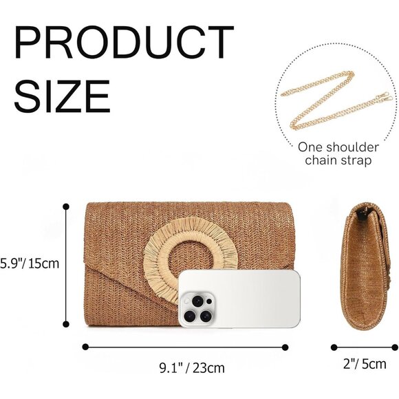Women's Tan Summer Woven Beach Bag Envelope Evening Handbags Straw Clutch - Picture 2 of 6